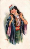 Gypsy lady, folklore art postcard. ERKAL No. 332/3. s: Usabal (EK)