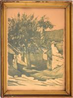 V. Irén 1926 jelzéssel: Udvar fával. Litográfia, papír, üvegezett keretben, 29x22 cm