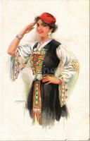 Gypsy lady, folklore art postcard. ERKAL No. 332/6. s: Usabal (kis szakadás / small tear)
