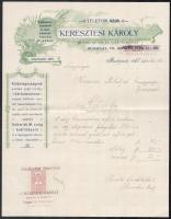 1905 Bp., Keresztesi Károly Műipari Bútor és Díszítő Műhely díszes fejléces számlája, 2 F okmánybélyeggel, Keresztesi Károly aláírásával.