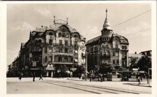 Nagyvárad, Oradea; Sas palota, Hunnia nagyszálloda, Herskó József üzlete, Kiss kerékpárboltja, patika, Royal, Makrancos kisasszony reklám / hotel, palace, shops, pharmacy