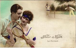 Amour et Sport. Le Contact / Romantic couple playing tennis, tennis court, tennis racket (fl)