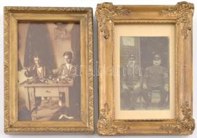 cca 1900-1910 Cipészek, vasutasok, 2 db fotó üvegezett, aranyozott fa keretben, 9,5x6,5 cm, 13x8 cm