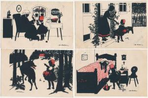 6 db RÉGI sziluettes művészlap: Piroska és a Farkas / 6 pre-1945 silhouette art postcard: Little Red Riding Hood (Rotkäppchen)
