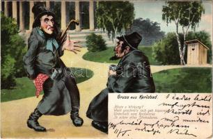 1908 Haste e Wirkung? Gruss aus Karlsbad / Jewish men from Karlovy Vary, toilet humour. Judaica art postcard (EK)