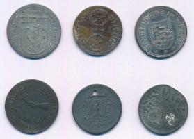 Német Birodalom 6db-os fém szükségpénz tétel, benne: Elberfeld 50pf Zn, Frankfurt 10pf Zn, Hausenber...