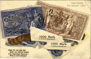 1927 Viel Glück im neuen Jahr! 1000 Mark / German New Year greeting card with bank notes (EB)