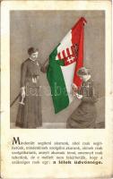 1914 Mindenütt segíteni akarunk, ahol csak segíthetünk. Szociális Missziótársulat propagandalapja / Hungarian missionary advertising card, Hungarian flag, patriotic propaganda (szakadás / tear)