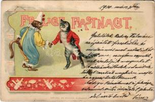 1900 Fröhliche Fastnacht! / Circus cat with monkey. Szénásy és Reimann 934. Art Nouveau, litho (EK)