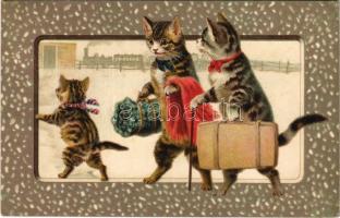 1906 Cats at the railway station. W.B. 110. litho (gyűrődés / crease)