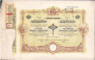 1939. Budapest "Első Magyar Gyapjúmosó és Finomposztógyár Részvénytársaság" tíz részvénye ...
