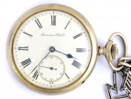 Acéltokos IWC Schaffhausen zsebóra, másodperc mutatóval, jelzett, működő állapotban, szép számlappal d:50 mm fém óralánccal ./ Vintage IWC Schaffhausen pocket watch, with secondhand, works well