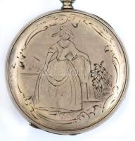 XIX. sz. vége- Ezüst (Ag) kulcsos zsebóra, másodperc mutatóval, gravírozott tokkal, működő állapotba...