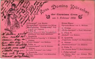 1902 Gruss vom Rosa Domino Kränzchen der Garnison Gran am 5. Februar 1902. / Esztergomi táncos bál reklámlapja, táncrend / Hungarian ballroom dance advertising card (fl)