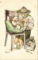 A cserkész, ahol tud, segít. Kiadja a Magyar Cserkész Cserkészszövetség Nagytábortanácsa 1926. / Hungarian boy scout art postcard s: Márton L. (EB)