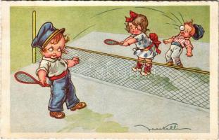 1928 Children playing tennis. Italian art postcard. Degami 972. s: Castelli