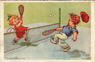 1928 Children playing tennis. Italian art postcard. Degami 972. s: Castelli