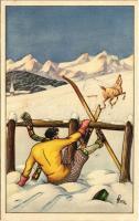 Ski, winter sport art postcard, humour. Verlag A. Ruegg 552. artist signed