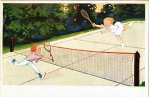 1925 Tennis playing couple, humour. W.S.S.B. 9592/2. (fl)