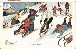 1916 Rodel-Heil! / ski, sledding, winter sport art postcard. B.K.W.I. 820-6. s: Schönpflug
