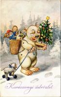 1928 Karácsonyi Üdvözlet! / Christmas greeting card with Bonzo dog and toys. W.S.S.B. 8369. (EK)