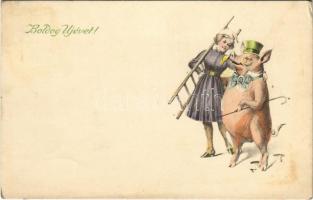 1910 Boldog Újévet! / New Year greeting with pig and chimney sweeper lady. Art de Vienne No. 2108. (fl)