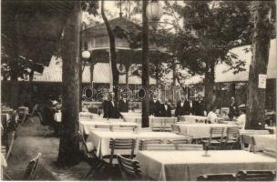 1913 Budapest XIV. Városliget, Gundel (ezelőtt Vampetics) vendéglő, étterem kertje, pincérek