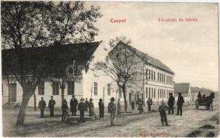 1910 Budapest XXI. Csepel, Fő utca és iskola. Marx Jenő kiadása. Kohn és Grünhut (ferdén vágott / slant cut) (fa)