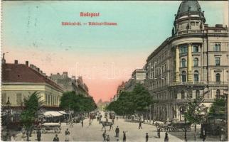 1912 Budapest VIII. Rákóczi út, villamos, üzletek (képeslapfüzetből / from postcard booklet)
