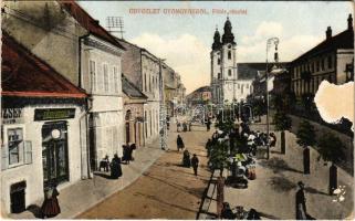 1913 Gyöngyös, Fő tér, König Herman üzlete, templom, piac (fa)