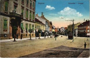 1916 Sopron, Várkerület, villamos, üzletek. Piri Dániel kiadása (EK)