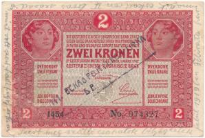 1917. 2K szerb lovassági felülbélyegzéssel, a bankjegy szélén körben ceruzával írt, a bélyegzőre vonatkozó megjegyzés T:III