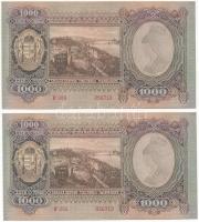 1943. 1000P (2x) sorszámkövetők "F 080 056718 - F 080 056719", nyomdai papírráncokkal T:I,...