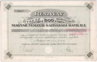 Budapest 1920. Magyar Nemzeti Gazdasági Bank R.T. névre szóló részvénye 500K-ról, szelvényekkel, szárazpecséttel, felülbélyegzéssel T:II