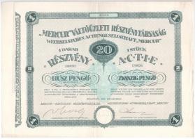 1926. Mercur Váltóüzleti Részvénytársaság részvénye 20P-ről, magyar és német nyelven szelvényekkel, felülbélyegzéssel T:II