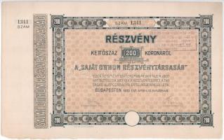 Budapest 1910. Saját Otthon Részvénytársaság részvénye 200K-ról (2x), szelvényekkel, felülbélyegzéssel T:I