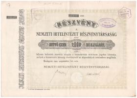 Budapest 1923. Nemzeti Hitelintézet Részvénytársaság részvénye 2000K-ról, szelvényekkel, bélyegzésekkel, szárazpecséttel T:III