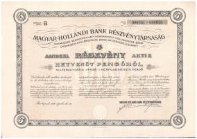 Budapest 1926. Magyar-Hollandi Bank Részvénytársaság öt részvénye egyben összesen 75P-ről, holland-magyar-német nyelven, szelvényekkel, szárazpecséttel T:II