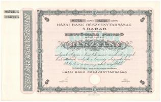 Budapest 1926. Hazai Bank Részvénytársaság ötdarab részvénye egyben, összesen 200P-ről szárazpecséttel, vízjeles papíron T:I-