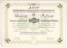 Budapest 1924. KÉVE Mezőgazdasági Iparfejlesztési és Hitelintézet Rt. huszonöt részvénye egyben összesen 12.500K-ról (4x) sorszámkövetők, szelvényekkel és szárazpecséttel T:II