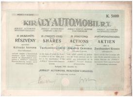 Budapest 1923. Király Automobil Részvénytársaság huszonöt részvénye egyben, egyenként 200K-ról, összesen 5000K-ról, szelvényekkel, szárazpecséttel T:III