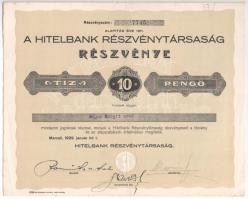 Marcali 1929. Hitelbank Részvénytársaság névre szóló részvénye, összesen 10P-ről, szárazpecséttel, szelvényekkel T:II