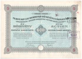 Budapest 1923. Magyar Czukoripar Részvénytársaság 5 részvénye egyenként 600K-ról, szelvényekkel, szárazpecséttel és bélyegzésekkel T:III