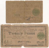 Fülöp-szigetek 1944. 10P + 20P szükségpénzek, melyek az emigráns kormány nevében készültek T:III- kisebb szakadások  Philippines 1944. 10 Pesos + 20 Pesos necessity notes that were printed in name of the government in exile C:VG small tears