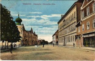 1915 Vinkovce, Vinkovci; Gimnazija i Njemacka ulica / gimnázium és utca, üzlet / grammar school and street, shop