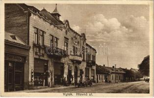 1932 Tiszaújlak, Vulok, Vilok, Vylok; Fő utca, Reiter Béla, Mandel Sámuel és Einhorn Lajos üzlete / Hlavná ul. / main street, shops, automobile