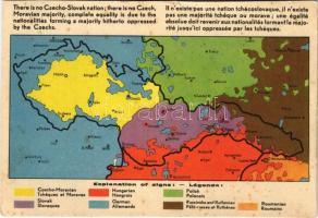 Nincs csehszlovák nemzet, nincs csehszlovák többség, teljes egyenjogúság illeti a csehek által eddig elnyomott többséget alkotó nemzetiségeket. A Magyar Nemzeti Szövetség kiadása / Anti-Czechoslovakian propaganda, irredenta map