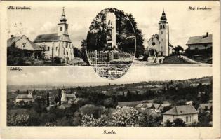 1940 Szada, Római katolikus templom, Református templom, Hősök szobra, emlékmű, látkép (EK)