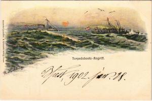 1902 Torpedoboots-Angriff. K.u.K. Kriegsmarine art postcard. A. Reinhards Verlag Fiume s: R. Hochberg