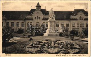 1935 Szentes, Hősök szobra, emlékmű, Elemi iskola, üzletek (EK)